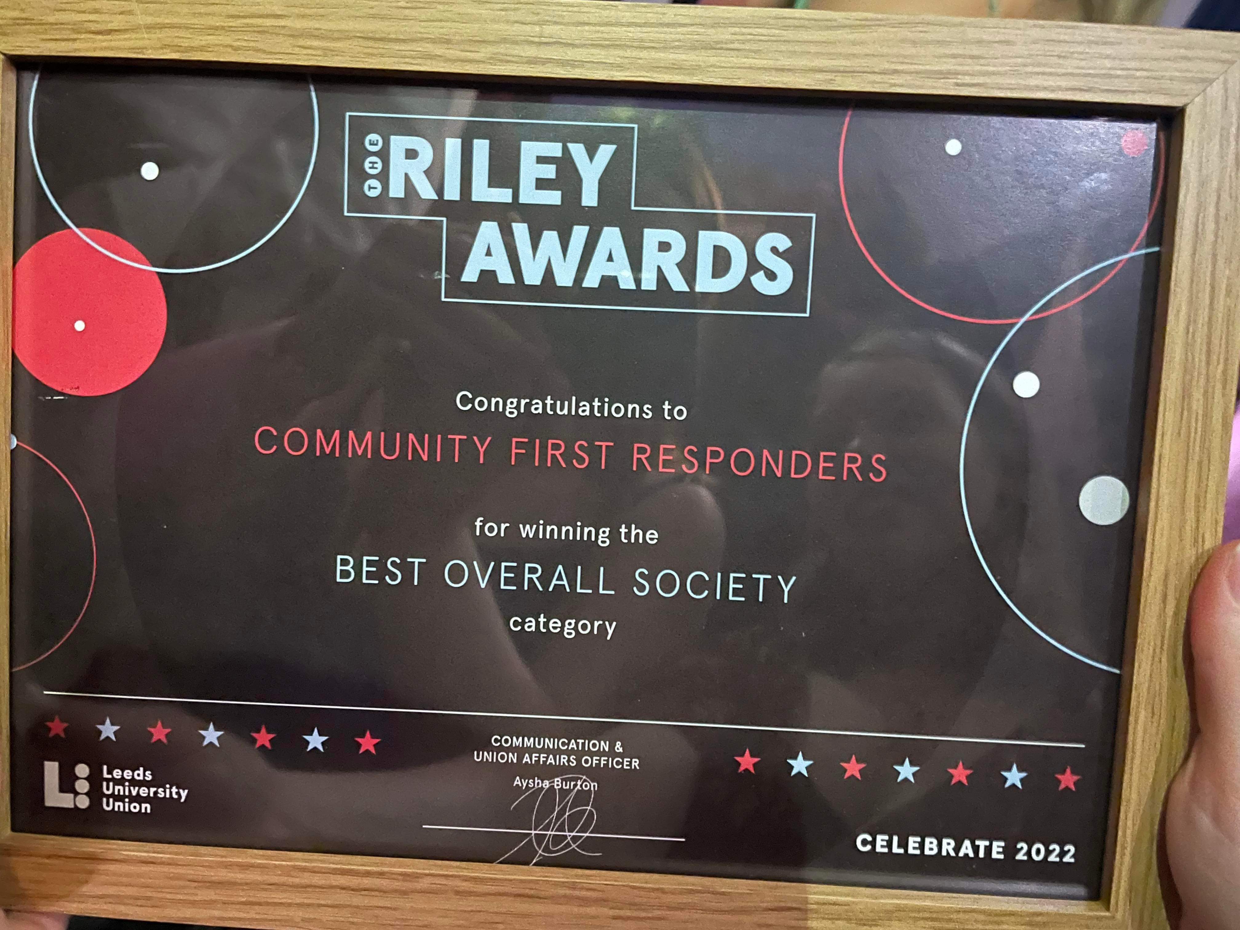 Best Overall Society award certificate presented to LSCFR in 2022