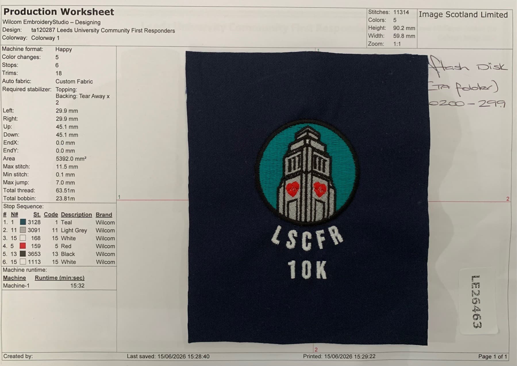 Actual LSCFR embroidery stitch-out sample